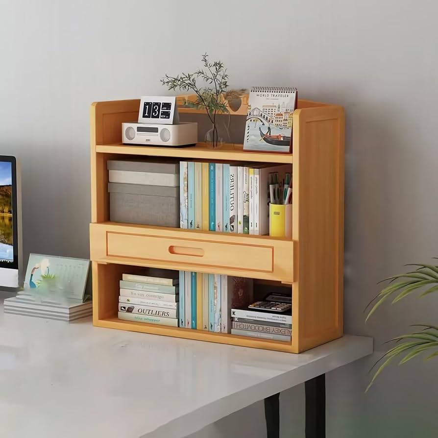 Amazon.co.jp: デスク上置き棚引き出し付き卓上本棚竹製小物入れ